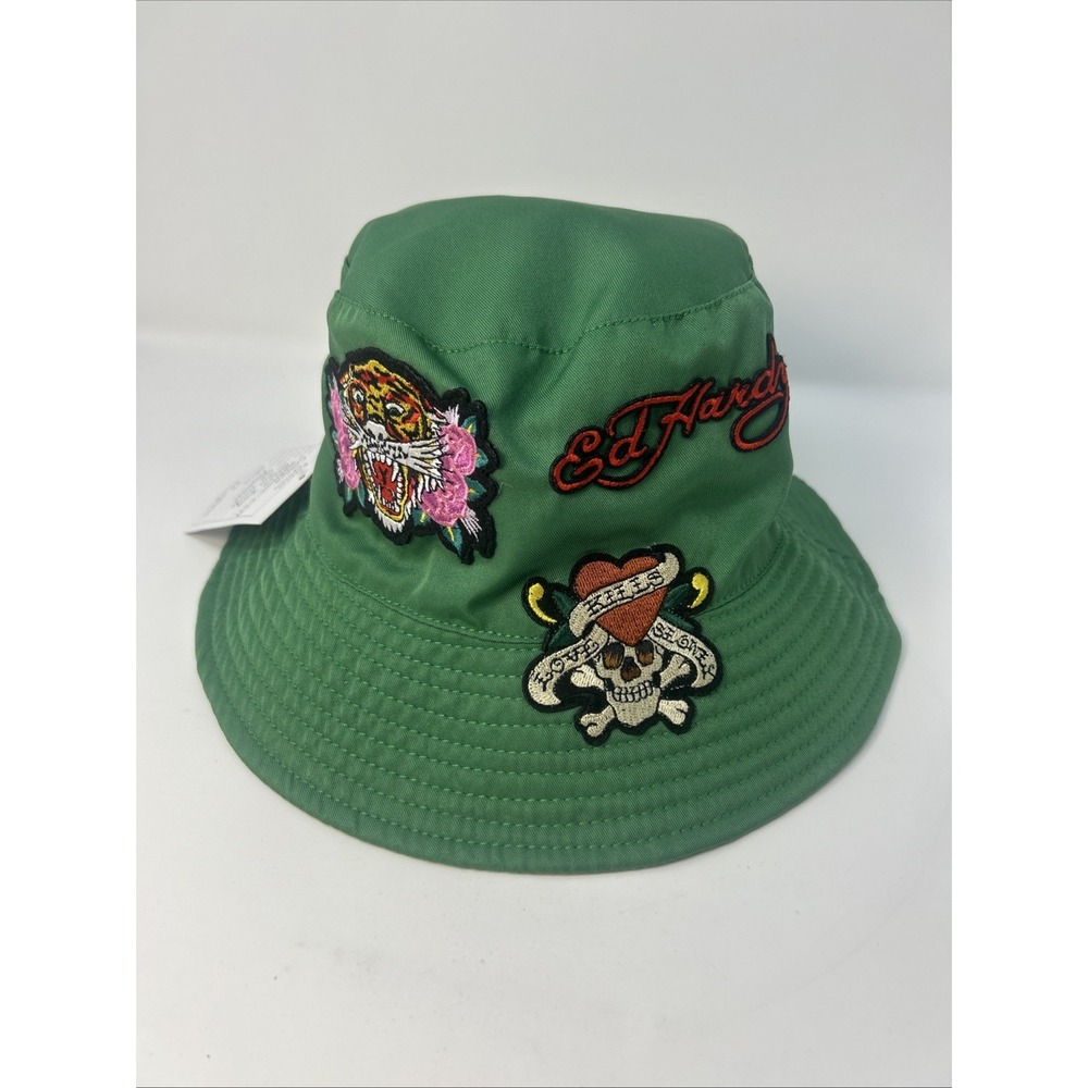 NWT Ed Hardy Green Bucket Hat W/ Patches Love Kills Slowly Tiger Roses Signature